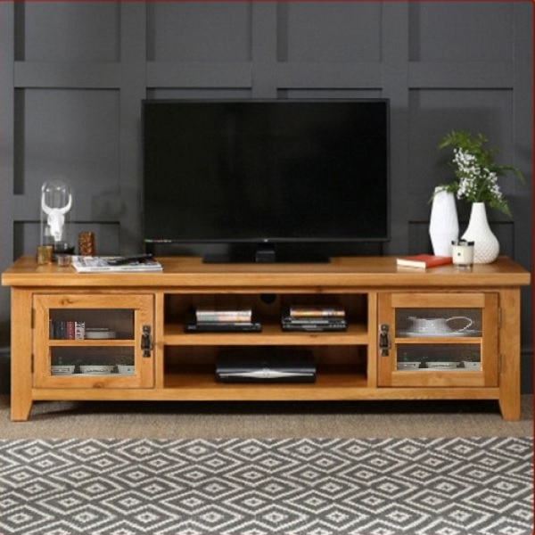 TV 150cm - Kệ Ti Vi , CD + 2 Cánh Kính Rustic Oak