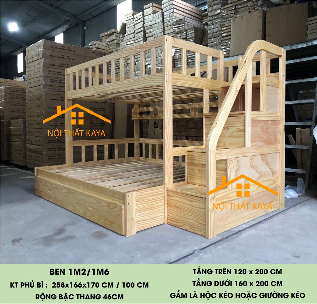 (Ord) BENA - Giường 3 Tầng/2 Tầng (2 Hộc Kéo) 1m2/1m6