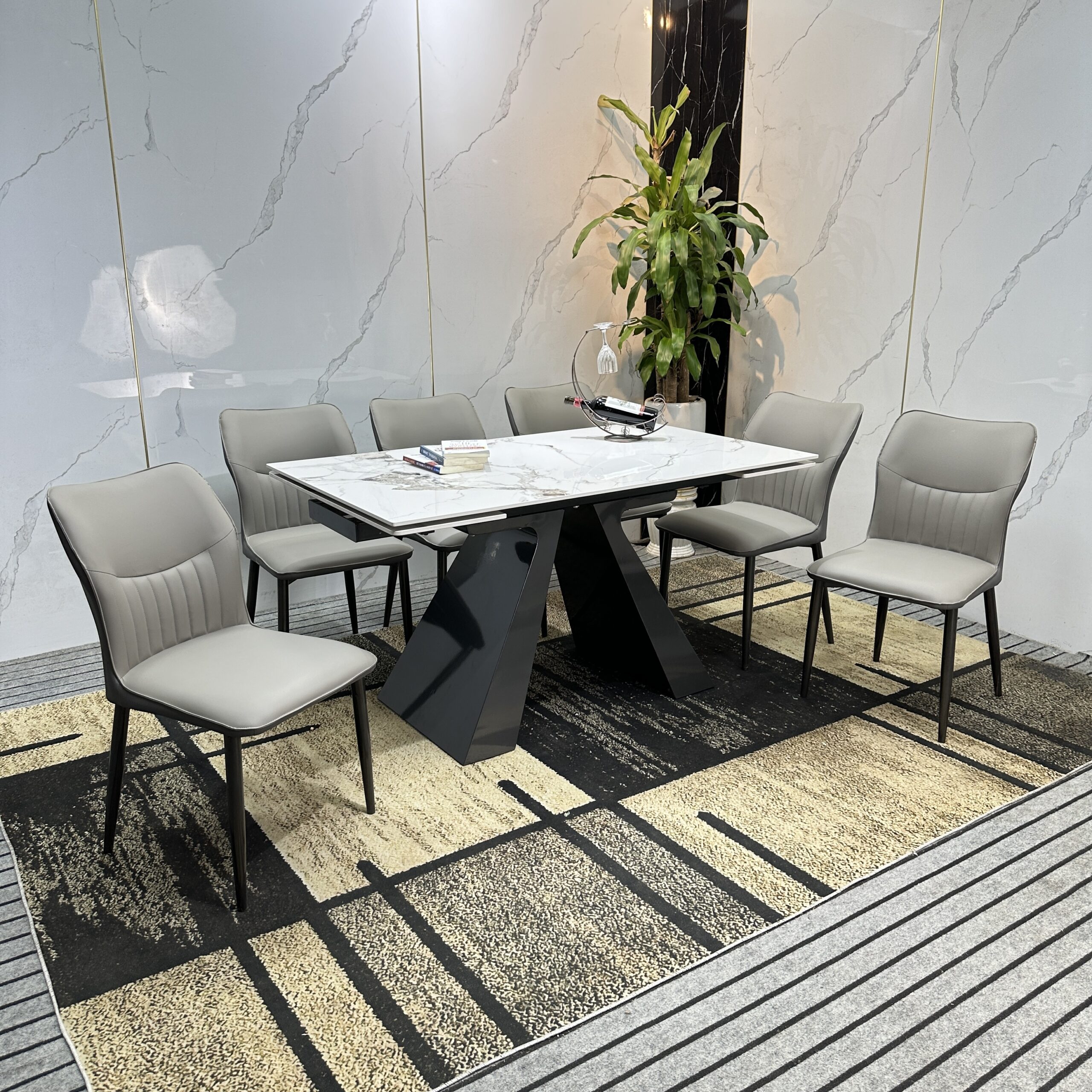 Bộ Bàn Mặt Đá Thông Minh Chân A Kéo Dài – 6 Ghế Nhập Khẩu KY-GH06