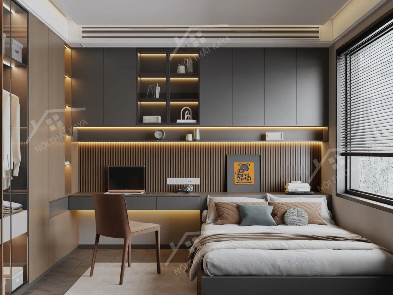 Bộ nội thất phòng ngủ HDF PN007 (Giường - Bàn làm việc - Tủ đầu giường - Bàn trang điểm)