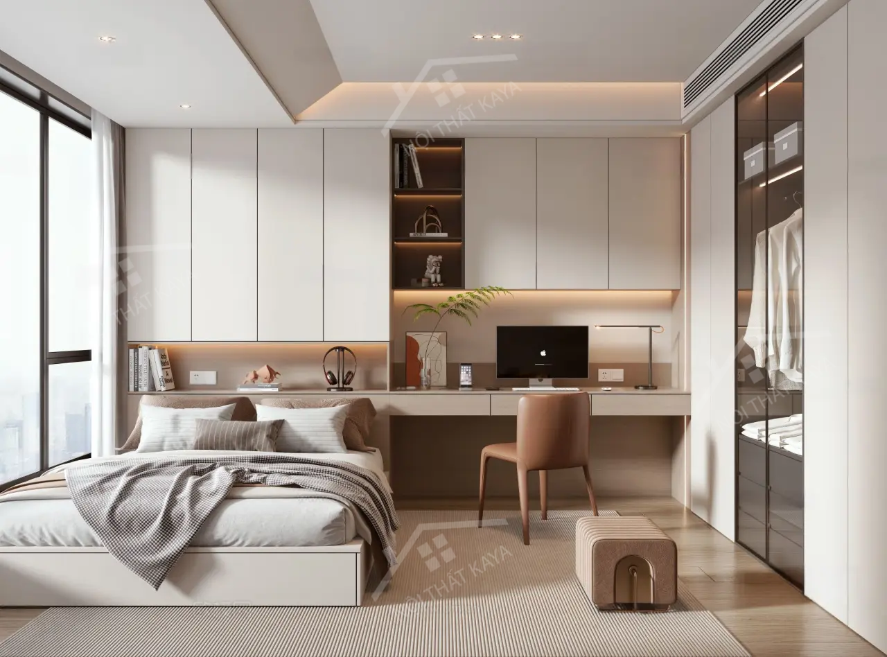 Bộ nội thất phòng ngủ HDF PN007 (Giường - Bàn làm việc - Tủ đầu giường - Bàn trang điểm)